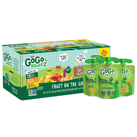 GoGo squeeZ Applesauce, Variety Pack (Apple/Banana/Mango), 3.2 Ounce (20 Pouches), Gluten Free, Vegan Friendly, Unsweetened Applesauce, Recloseable BPA Free Pouches